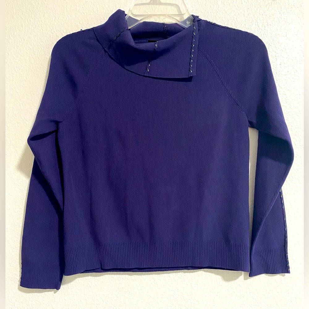 Grace Dane Lewis Petite Navy Blue Sweater Threaded Faux Leather Trim sz Small